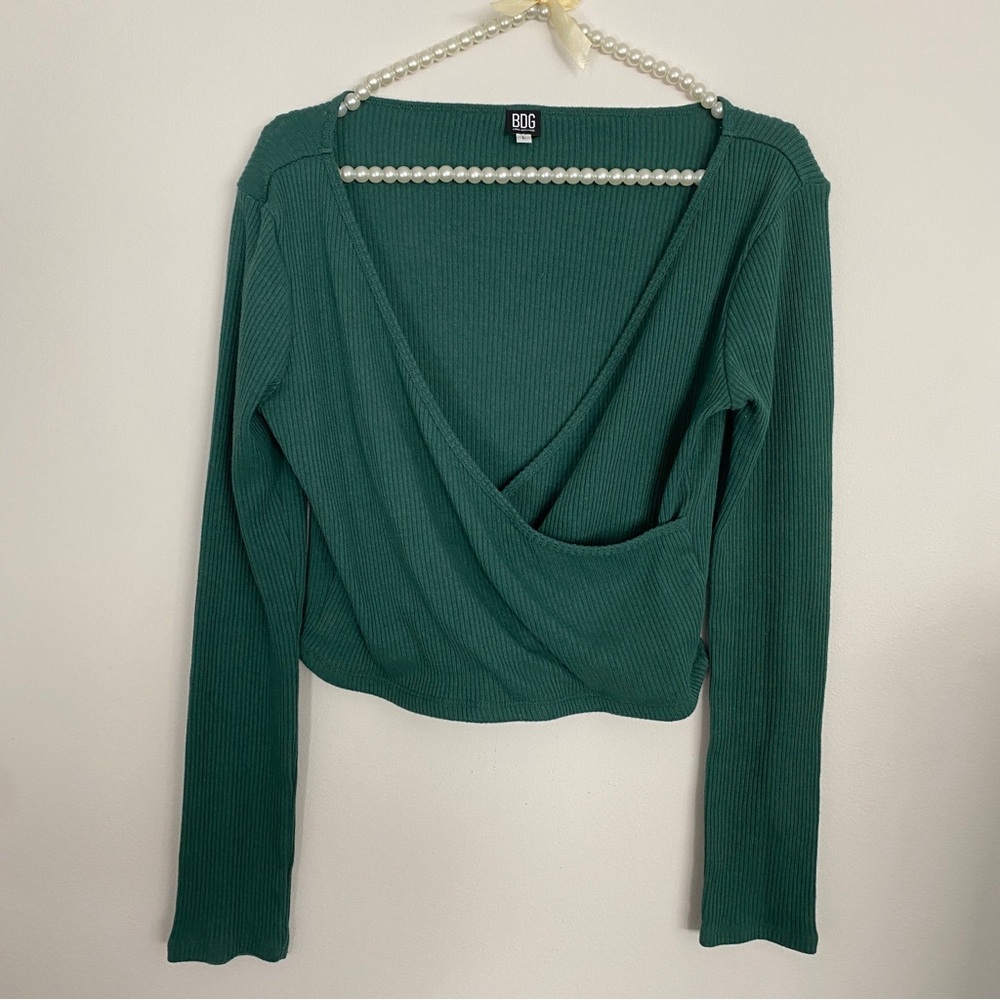BDG Urban Outfitters Emerald Green Long Sleeve Cropped Ribbed Knit Wrap Top